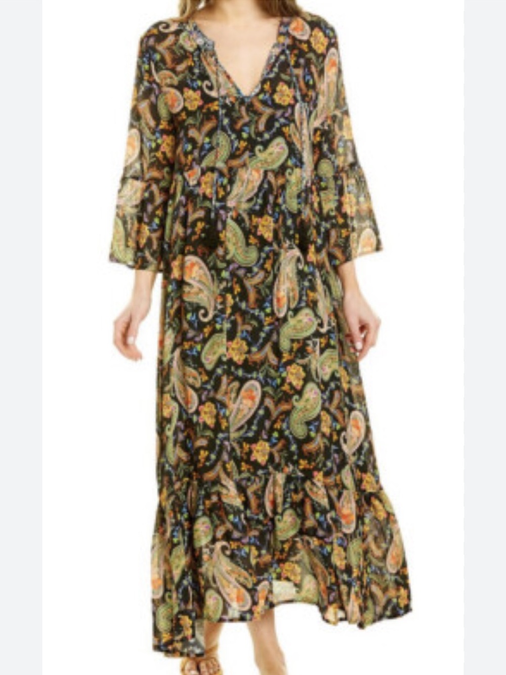 Johnny Was Jade Black Paisley Maxi Dress with Green and Orange Accents